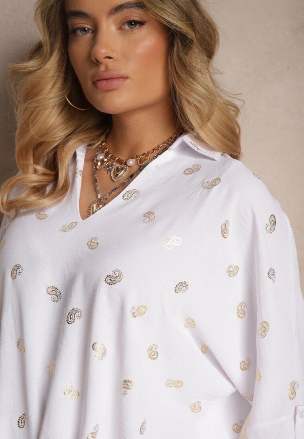 Biała Bluzka z Kołnierzykiem i Metalicznym Wzorem Nonelle