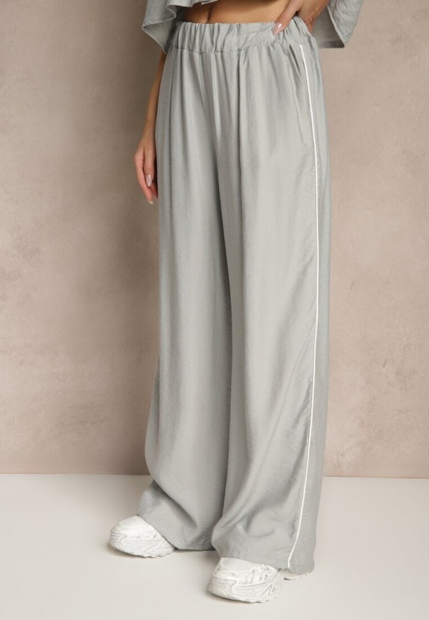 Szary Komplet z Wiskozy Koszula o Krótkim Kroju i Szerokie Spodnie Daviriana