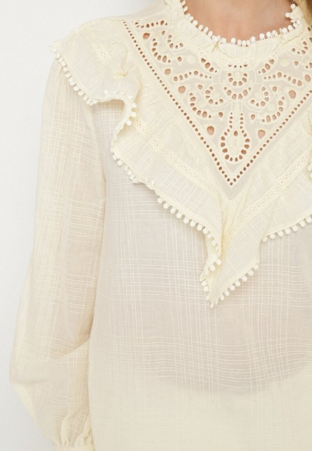 Żółta Bawełniana Bluzka z Ażurowym Haftem i Falbaną Przy Dekolcie Neveine