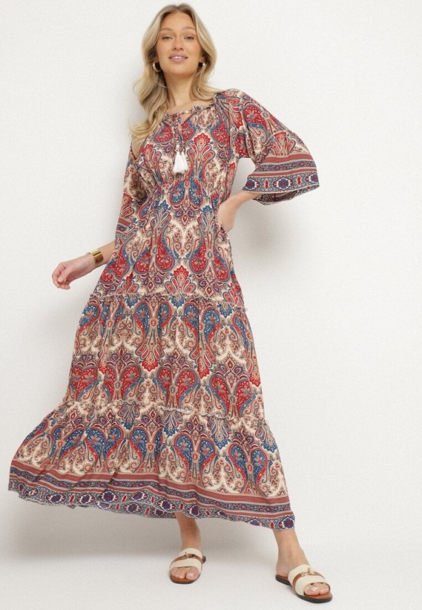 Czerwona Rozkloszowana Sukienka Bawełniana we Wzór Paisley z Chwostami Elliassa