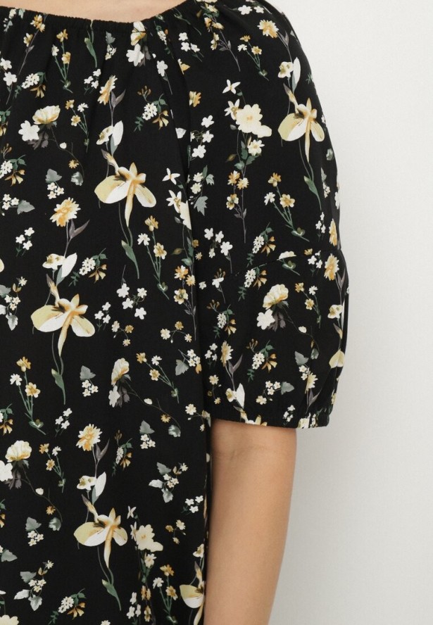 Czarna Bluzka ze Sztucznego Jedwabiu w Kwiaty Lisanithea