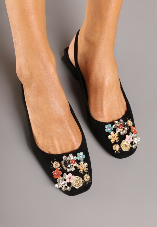 Czarne Czółenka Slingback Vices z Cyrkoniami i Wkładką ze Skóry Eklina