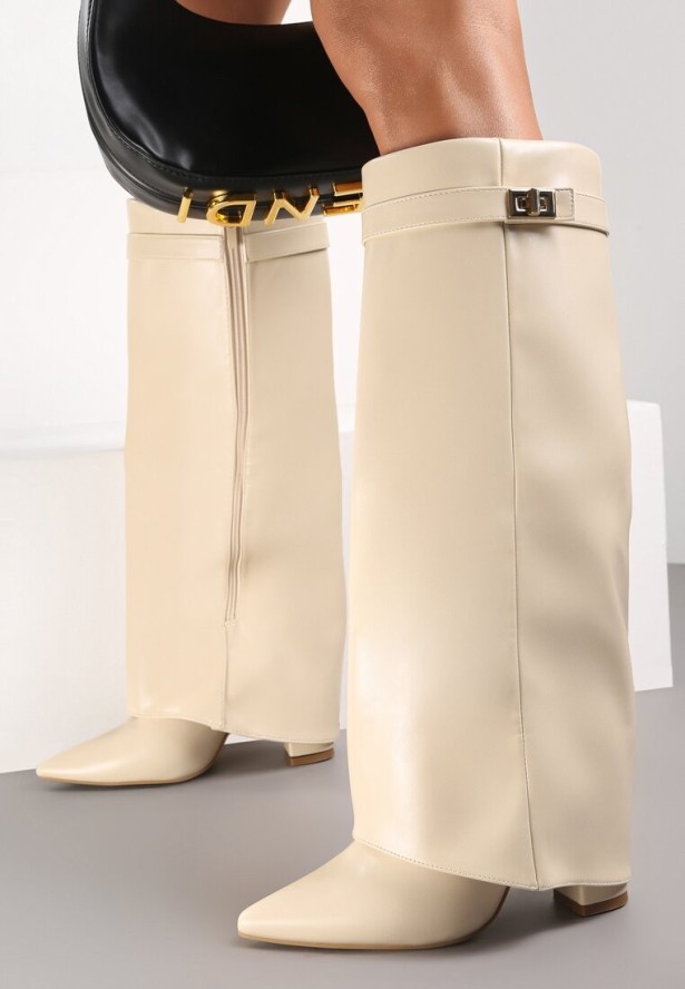 Beżowe Kozaki z Szeroką Cholewką i Szpiczastym Noskiem Jazmynn