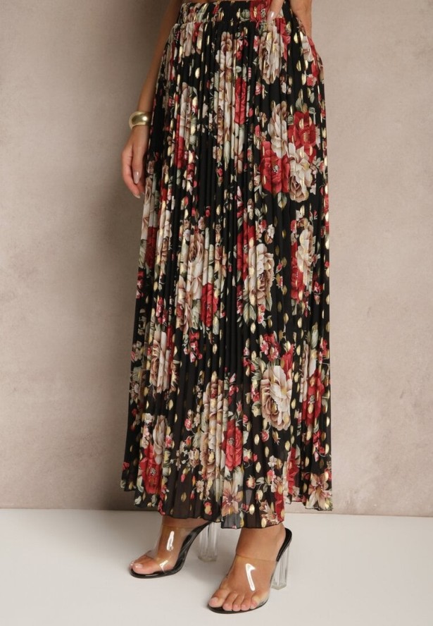 Czarna Rozkloszowana Spódnica z Plisami w Kwiatowy Wzór z Metalicznym Nadrukiem Follenna