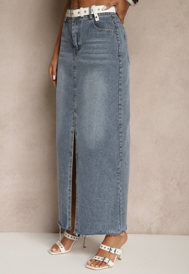 Niebieska Spódnica Jeansowa o Ołówkowym Kroju Zdobiona Rozcięciem Lisovira