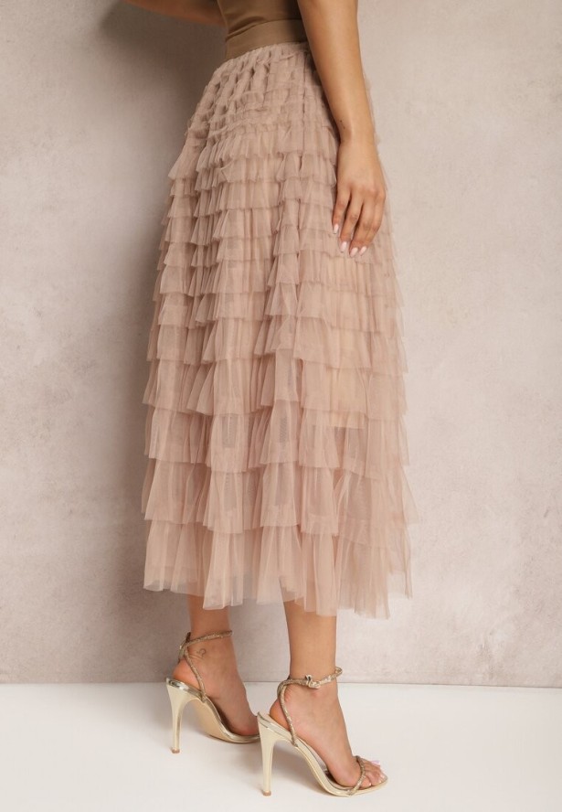 Ciemnobeżowa Tiulowa Spódnica Maxi z Gumką w Pasie i Falbankami Mahlia
