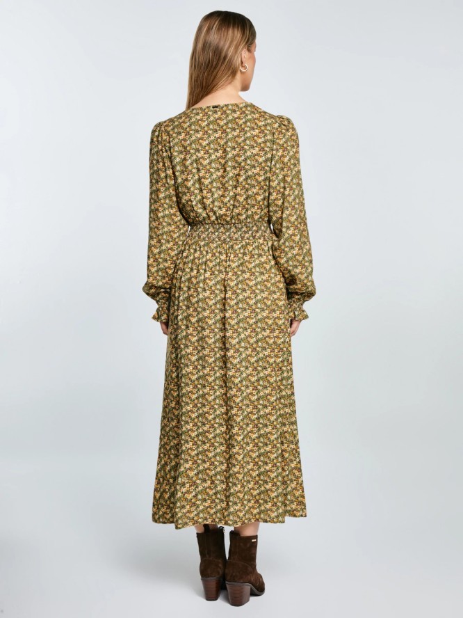 Sukienka damska midi z wiskozy z motywem kwiatowym żółta Londa 201