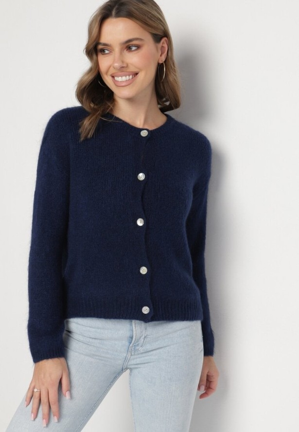 Granatowy Klasyczny Kardigan z Wełną i Moherem Noloria