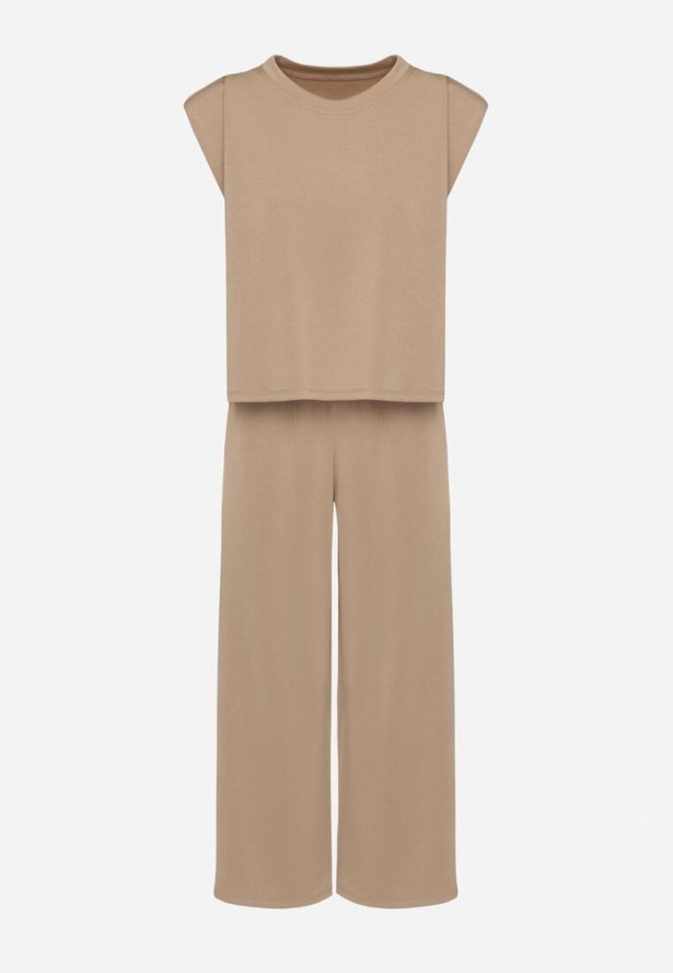 Jasnobeżowy Komplet z Wiskozą Koszulka z Usztywnionymi Ramionami i Szerokie Spodnie Nevisari