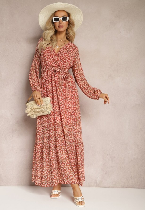 Czerwono-Różowa Sukienka Kopertowa z Falbanką i Wiązanym Paskiem Gjerana