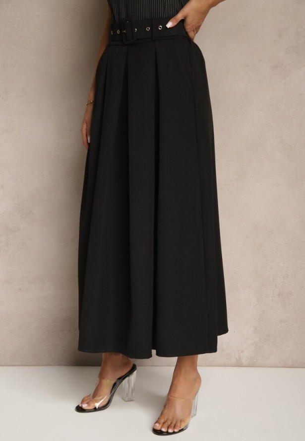 Czarna Spódnica z Wiskozą o Rozkloszowanym Kroju z Paskiem i Gumką w Talii Prianna