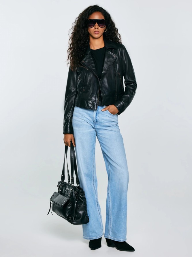 Kurtka damska ramoneska skórzana czarna Mhaela 906