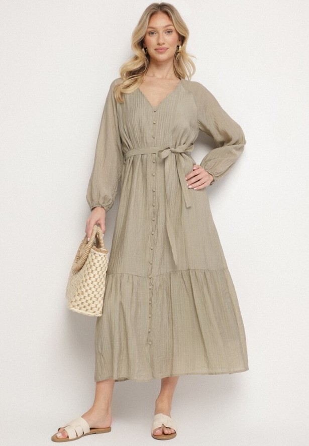 Ciemnozielona Wiskozowa Sukienka Koszulowa o Rozkloszowanym Kroju Wiązana w Talii Frollio