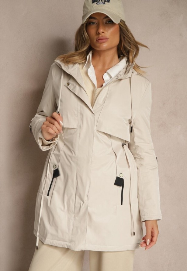 Jasnobeżowa Kurtka Typu Parka z Kapturem o Klasycznym Kroju Tulania