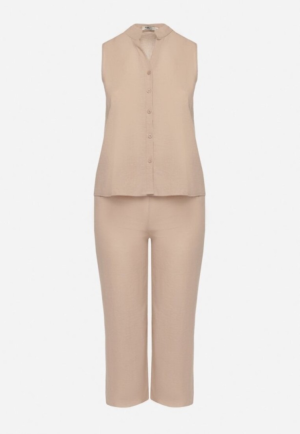 Ciemnobeżowy Komplet Koszula bez Rękawów i Szerokie Spodnie z Gumką w Pasie Telanwena