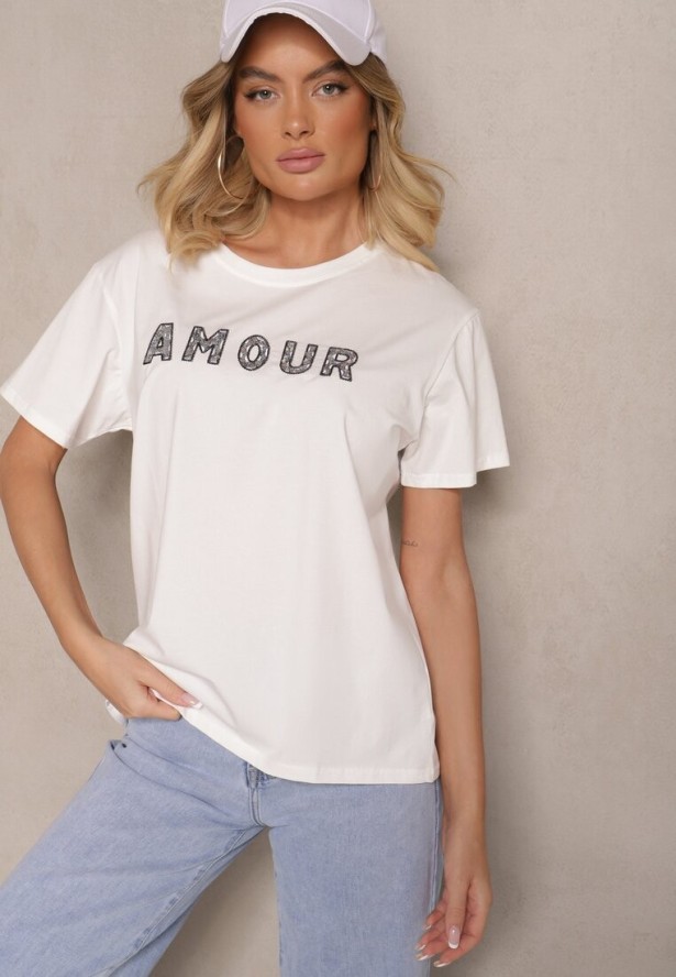 Biały Bawełniany T-shirt z Napisem z Cekinami Marivinna