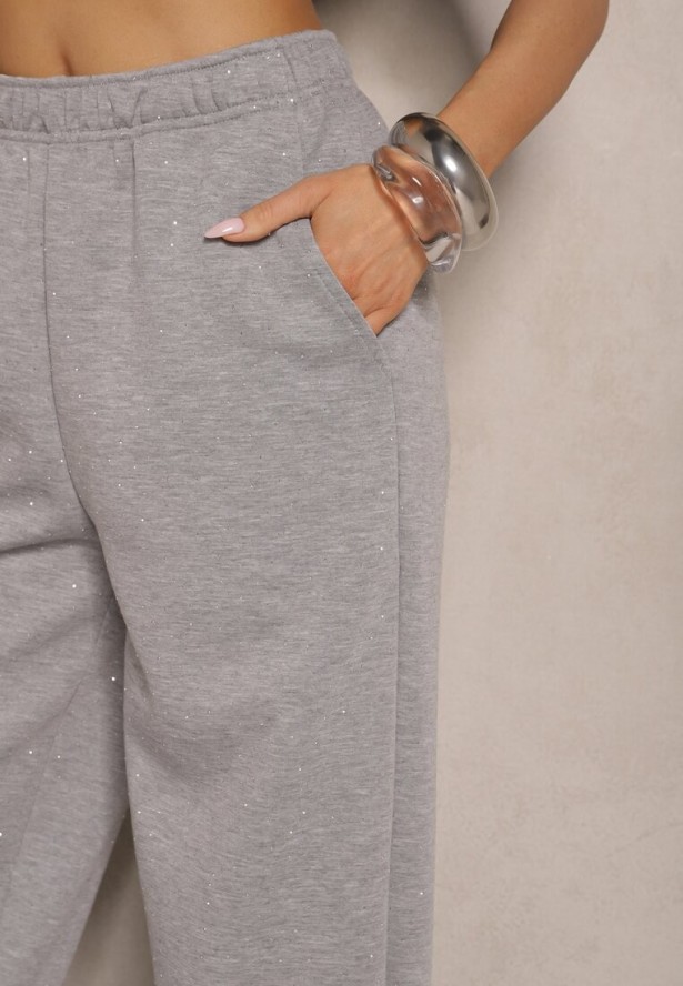 Szare Spodnie z Wiskozą o Szerokim Kroju z Cyrkoniami Zeleria