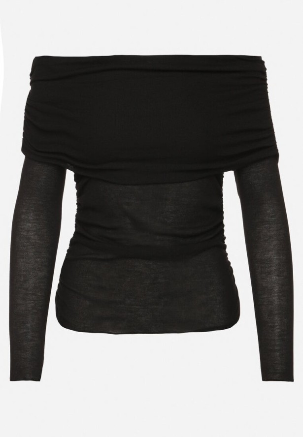 Czarna Prążkowana Bluzka z Wiskozą i Dekoltem Typu Hiszpanka Evelfia