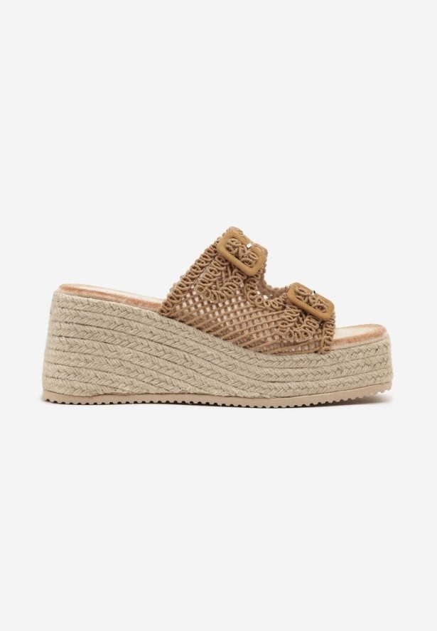 Brązowe Szydełkowe Klapki z Klamrami na Plecionym Koturnie Idaleia