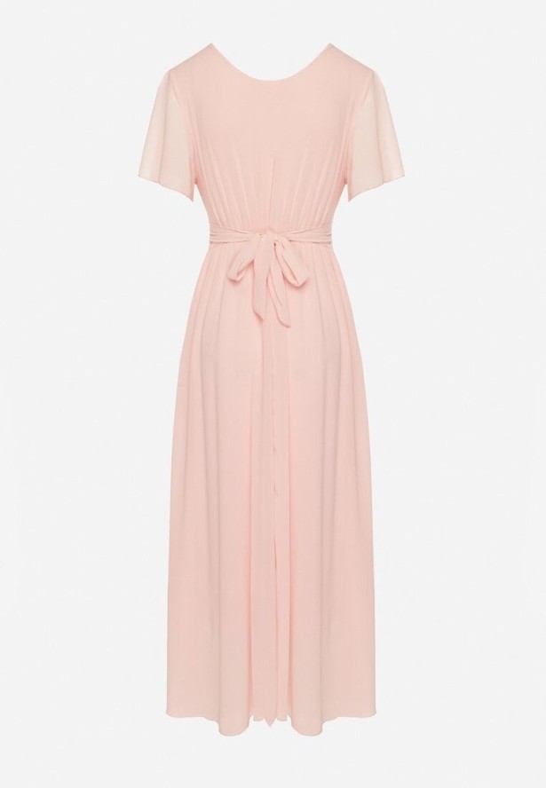 Jasnoróżowa Kopertowa Sukienka Maxi z Gumką w Pasie Narlin