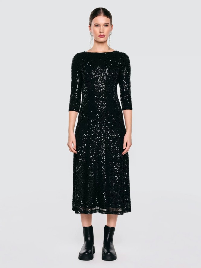 Sukienka damska midi cekinowa z rękawem 3/4 czarna Alex 906