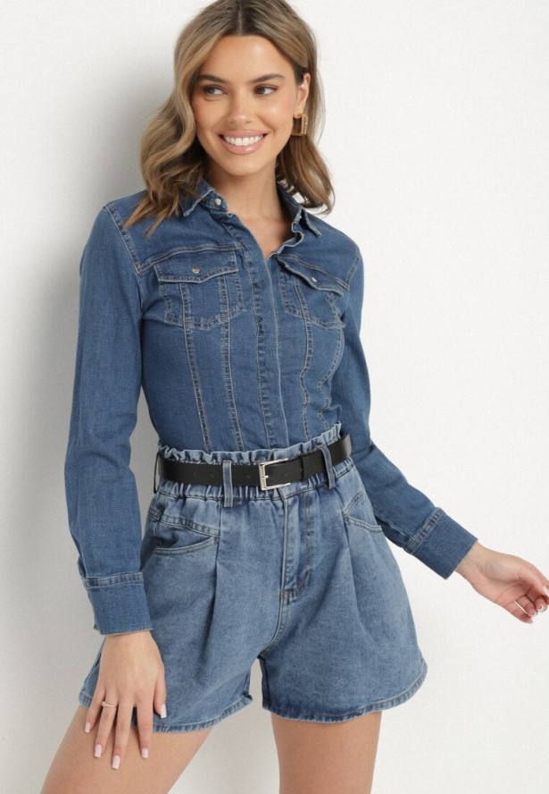 Niebieskie Szorty Jeansowe z Ozdobnymi Przeszyciami Gumką w Talii i Paskiem Alariana