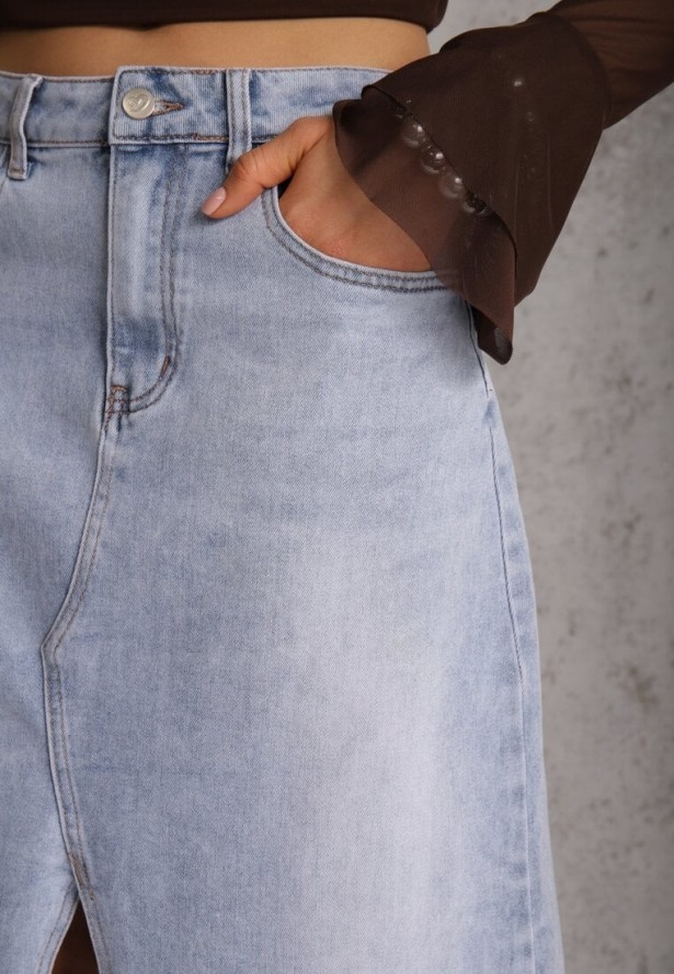 Niebieska Spódnica Jeansowa z Bawełną High Waist i Rozcięciem na Nogę Cinadessa