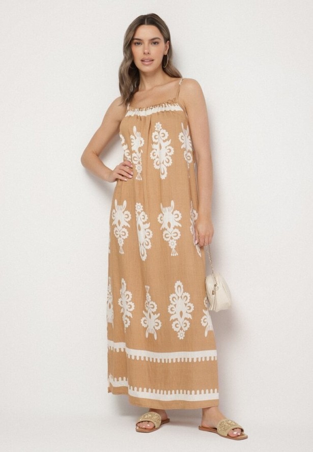 Jasnobrązowa Sukienka o Rozkloszowanym Kroju na Ramiączkach w Etniczny Wzór Revoniae