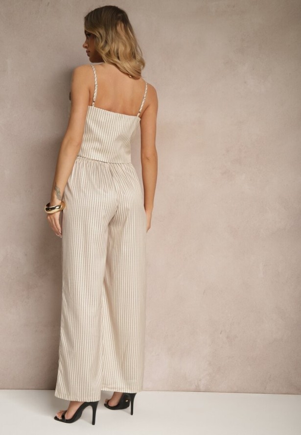 Beżowy Komplet z Wiskozy w Pionowe Prążki Top i Szerokie Spodnie Miltebia