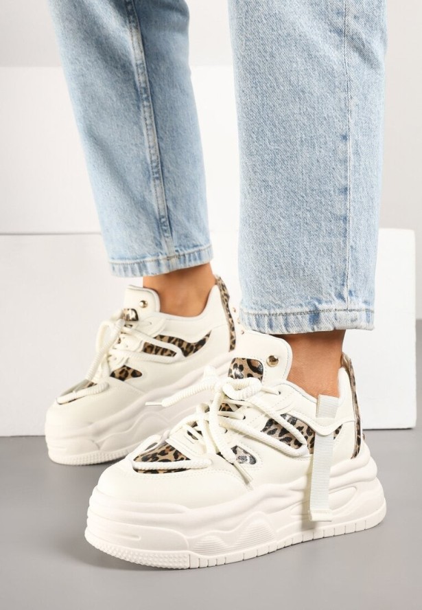 Beżowo-Panterkowe Streetwearowe Sneakersy na Platformie z Brokatem i Aplikacjami Maivessa