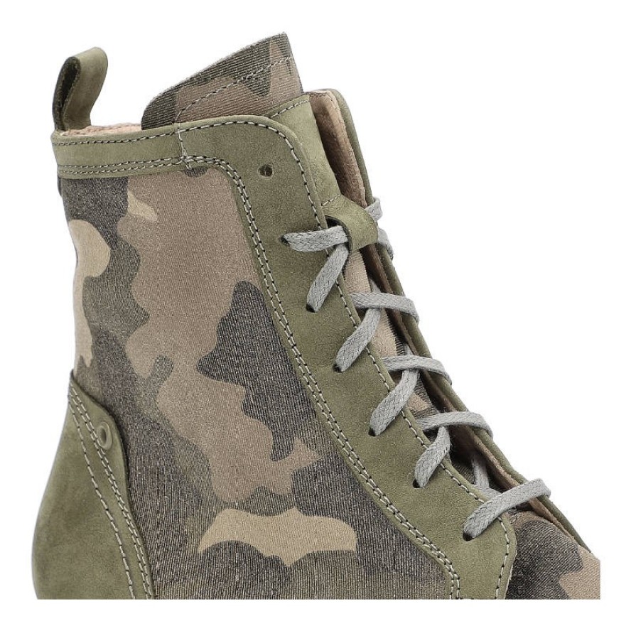 Botki damskie Simen, naturalna skóra zamszowa i materiał tekstylny z wysoką cholewką o militarnej stylistyce, moro/zielen bez, 5058A