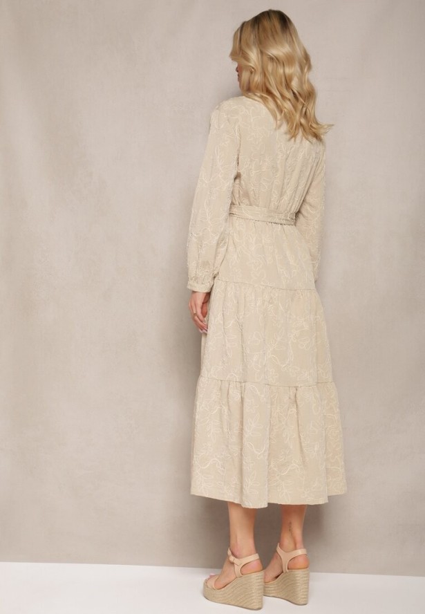 Beżowa Sukienka z Falbankami Gumką w Talii i Wiązanym Paskiem Obinella