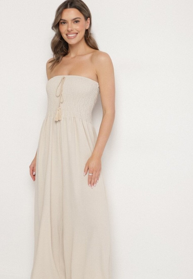 Beżowy Kombinezon Bez Rękawów z Szerokimi Nogawkami i Frędzlami Dovilla