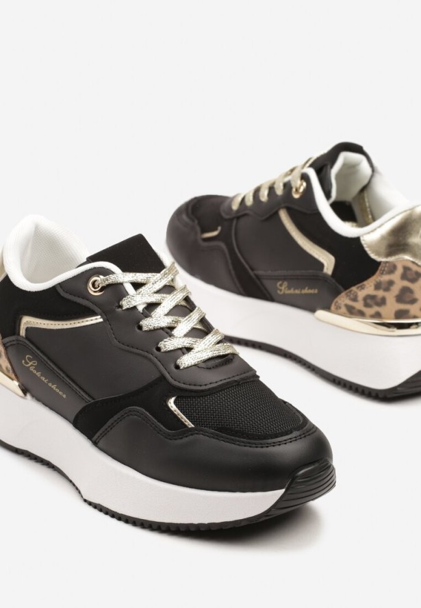 Czarne Sneakersy z Panterką i Napisem Raccaria