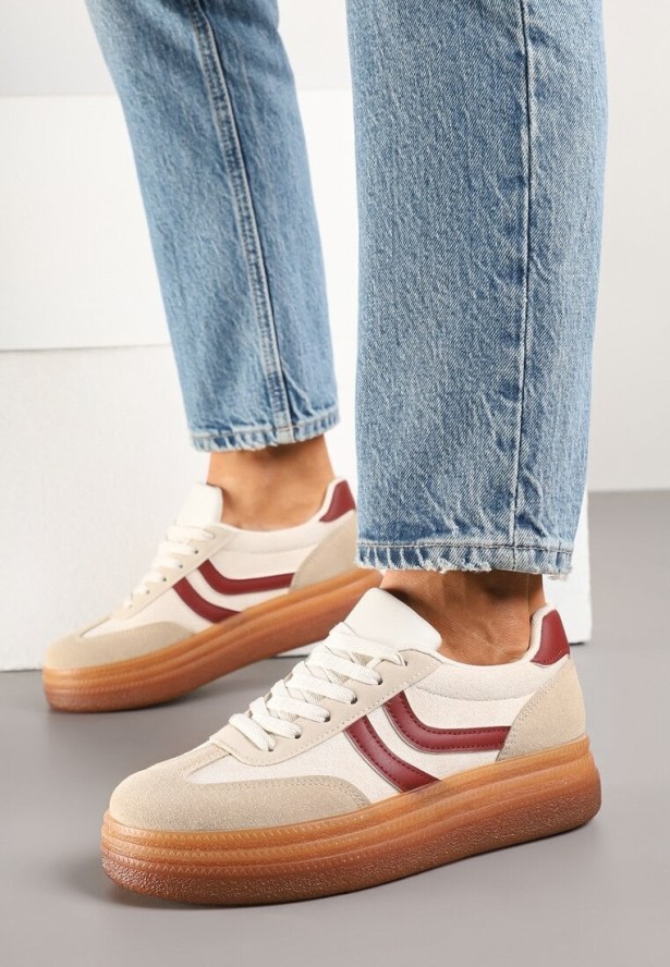Beżowo-Bordowe Sneakersy w Stylu Klasycznych Tenisówek na Grubej Podeszwie Grelritia