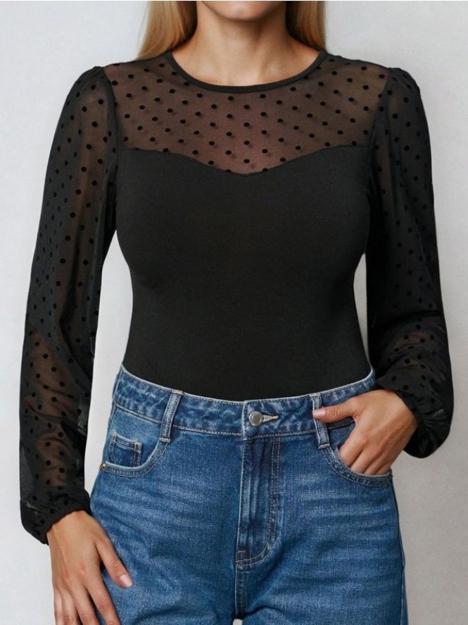 Body w kropki z bufiastymi rękawami - czarny