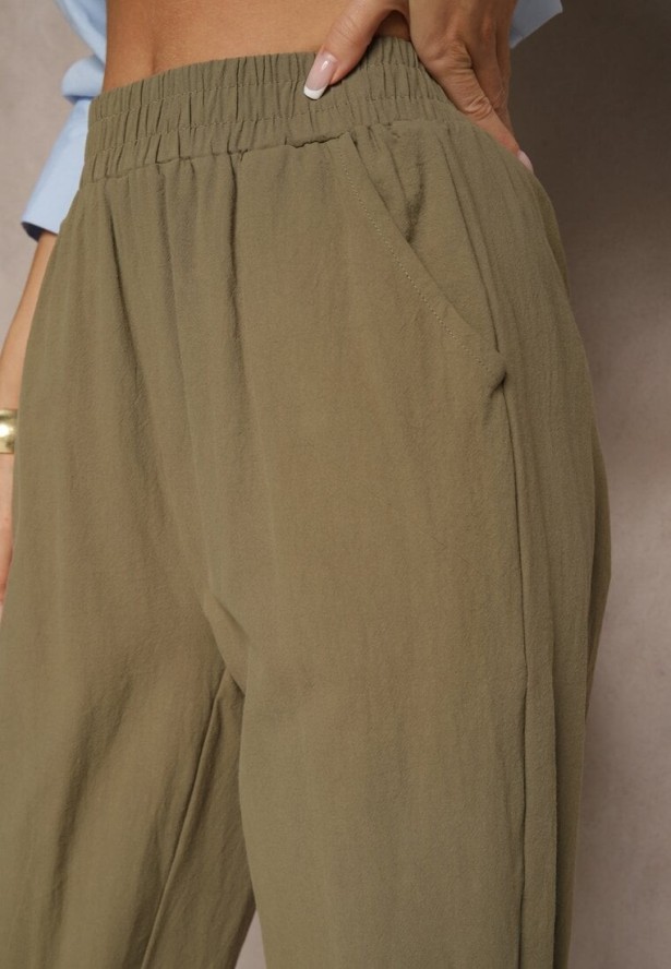 Ciemnozielone Spodnie z Bawełny High Waist Sonirea