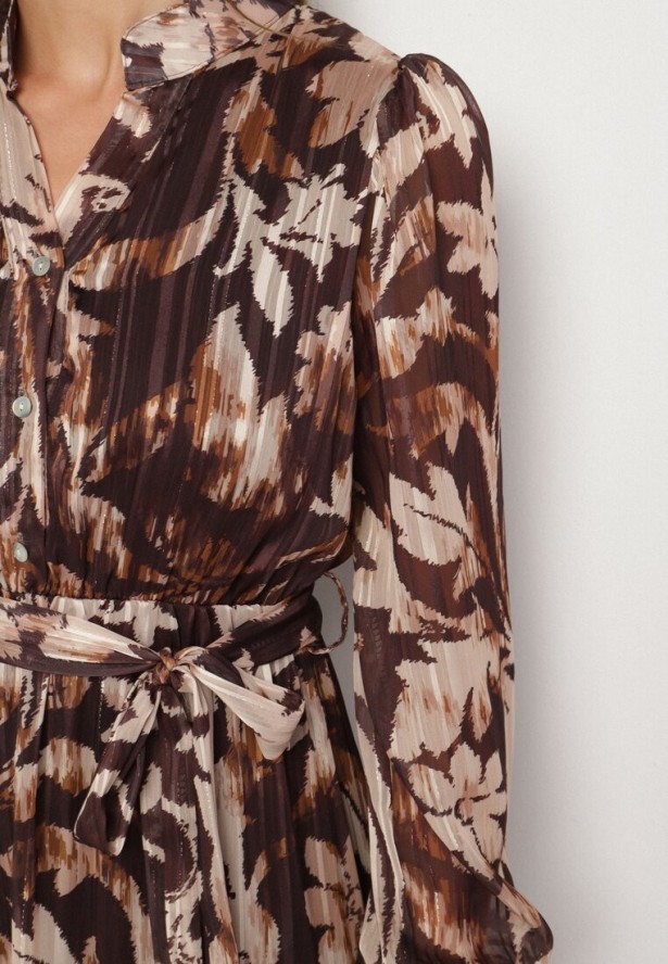 Beżowa Rozkloszowana Sukienka z Wiązanym Paskiem i Metaliczną Nicią Nalirina