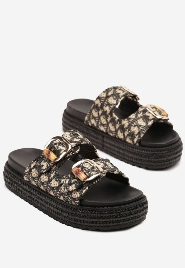 Czarne Klapki na Platformie z Plecionki z Paskami z Klamrami Sonadwen