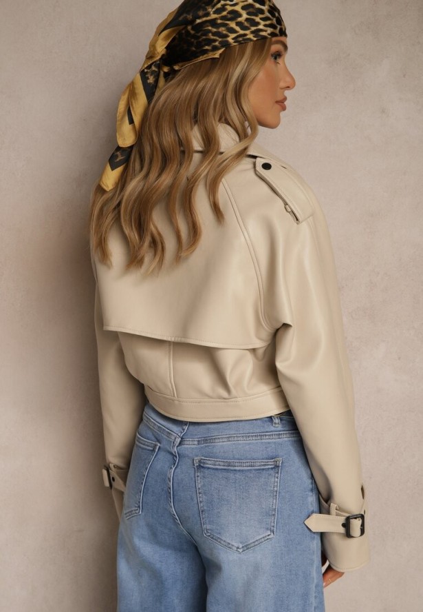 Beżowa Krótka Kurtka Ramoneska w Stylu Trencza Niladoria