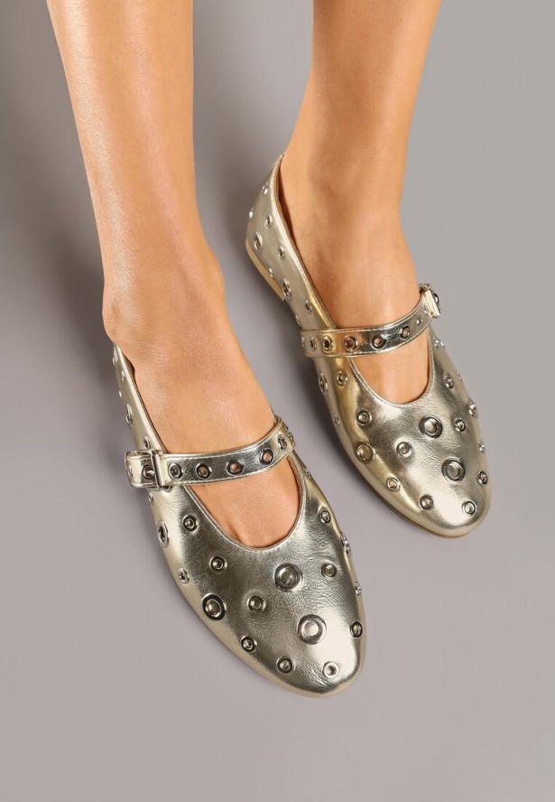 Złote Balerinki w Metalowe Okręgi ze Sprzączką Lialitte