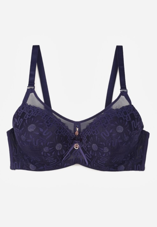 Granatowy Biustonosz z Koronką i Transparentną Wstawką Heliphine