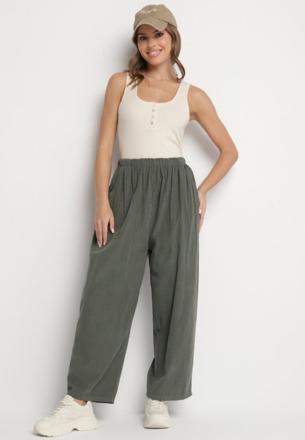 Ciemnozielone Szerokie Spodnie z Bawełny z Wysokim Stanem Florili