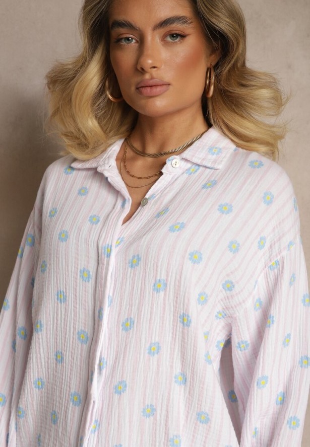 Różowo-Niebieska Koszula z Bawełny w Prążki Zdobiona Kwiatowym Wzorem Apiola