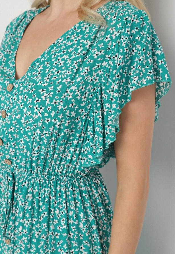 Zielona Bawełniana Sukienka z Gumką w Talii w Drobne Kwiatki Nulinea