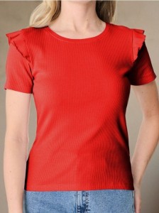 Prążkowana koszulka z falbankami - koralowy