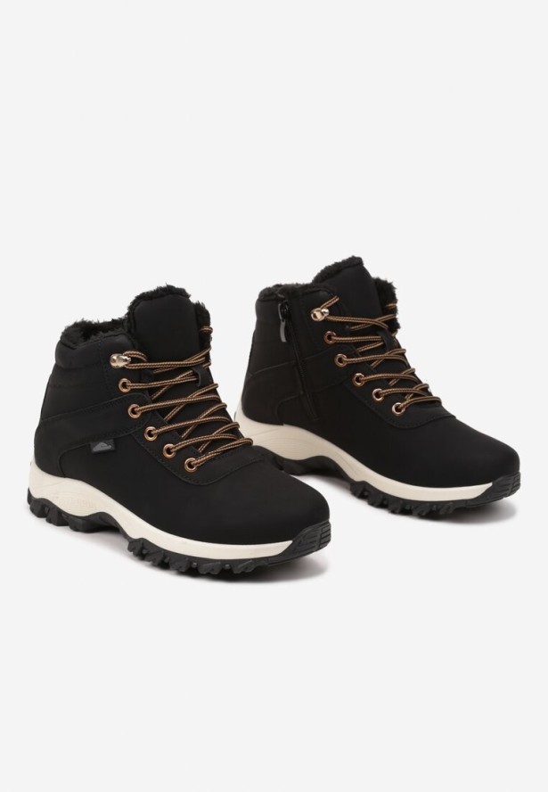 Czarno-Złote Płaskie Ocieplane Trapery ze Sznurowaniem Riviri