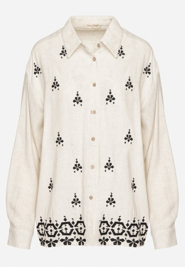 Biało-Czarna Koszula z Lnu i Wiskozy Ozdobiona Haftem w Stylu Etno Alarisa