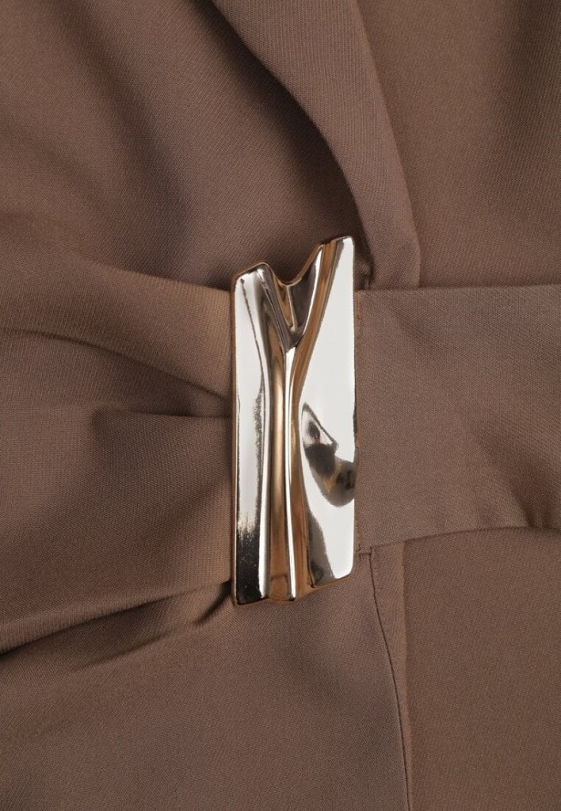 Brązowa Marszczona Marynarka Taliowana z Wiskozą z Ozdobą przy Wiązaniu Zynelle