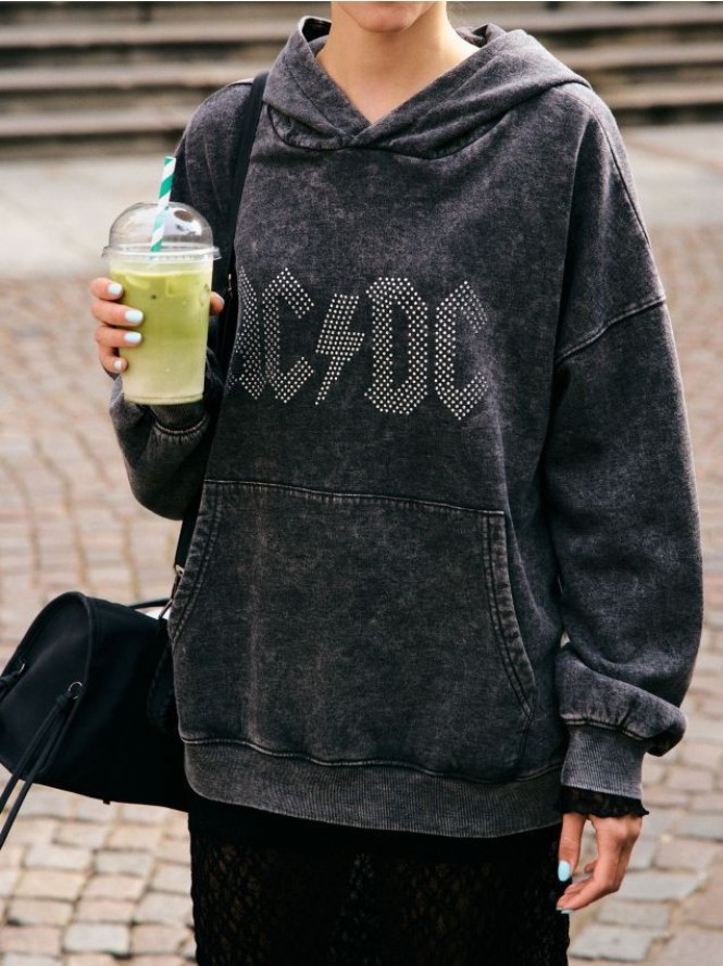 Bluza hoodie z efektem sprania AC/DC - czarny